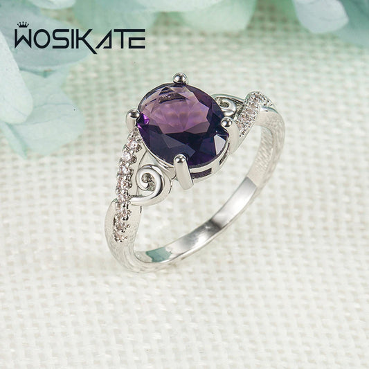 WOSIKATE Luxury 925 Sterling Silver Amethyst Zirconia Gemstone Ring For Women Fashion Jewellery Engagement Gift Finger Ring