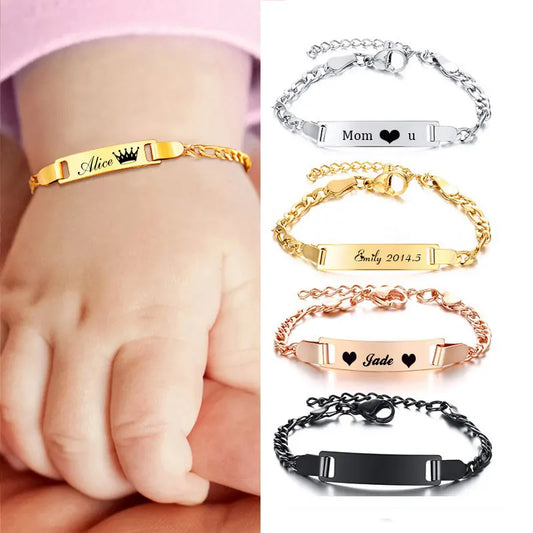 Engrave Name Date ID Bracelet for Kids Children Personalized Stainless Steel Wristband Birthday Newborn Boy Girls Custom Gift