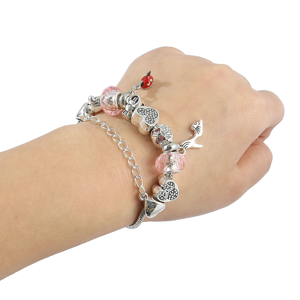 Disney Cute Pink Crystal Mickey Minnie Charm Bracelet Silver Color Heart Bead Bracelets for Women Girl Fashion Jewelry Gift