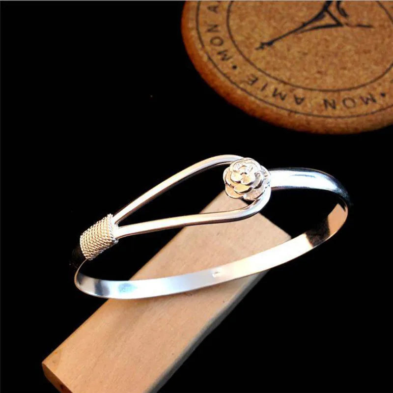 Hot New 925 Sterling Silver Bracelets For Women Fine Elegant Flower Bangle Adjustable Jewelry Fashion Party Gifts Girl Student