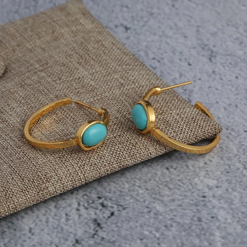 Classic Vintage Oval Turquoise Hoop Earrings Women's Delicate Jewelry Gifts For Her 1Pair