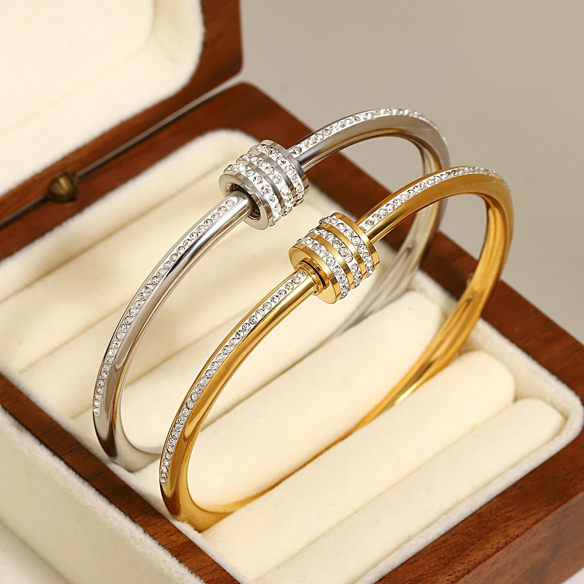 Trendy Stainless Steel With Rhinestone Inlaid Knot Bangles Bracelets for Women Statement Bangle Wrist Waterproof Jewelry Gift