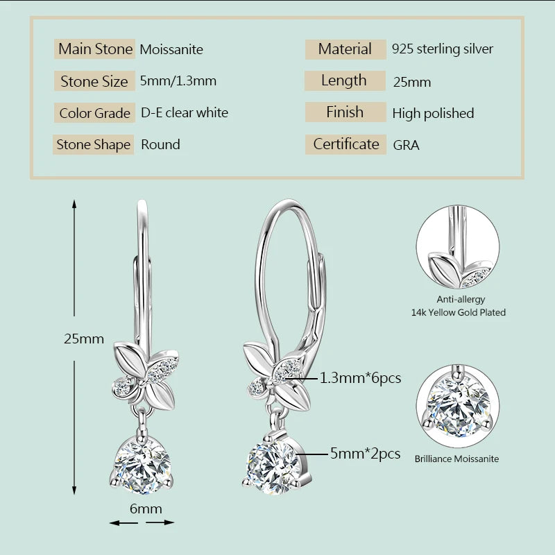 2024 Trend Real 925 Silver 5mm Round Moissanite Drop Clip Earrings  for Women Four-leaf Clover Valentine Wedding  Jewelry Gift