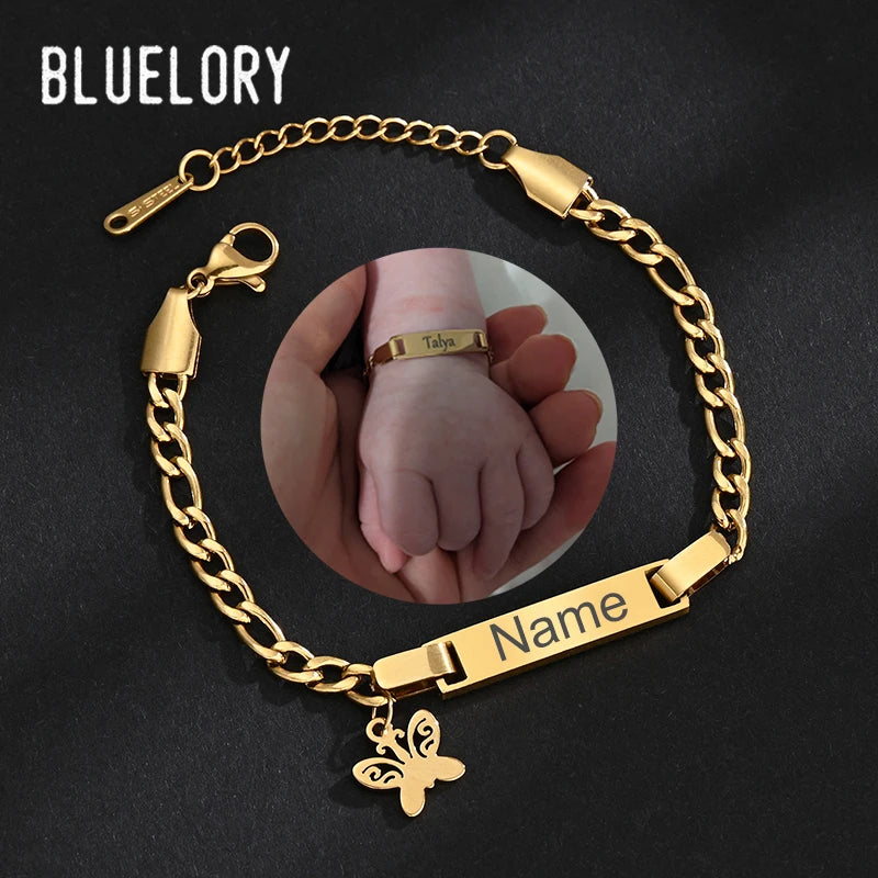 Bluelory DIY Newborn Name ID Bar Bracelet For Kids Stainless Steel Engrave Date Symbol Baby Crown Heart Bracelet Birthday Gift