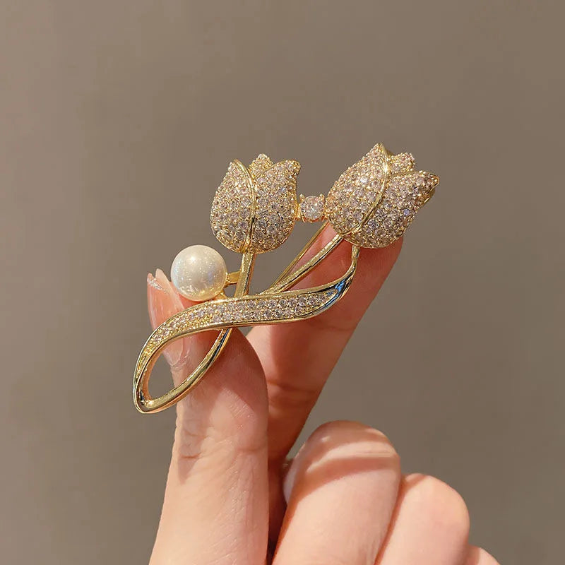 Golden Tulip Flower Imitation Pearl Brooch Shiny CZ Full Of Rhinestone Women's Brooches Metal Pins Party Badge Jewelry Gifts