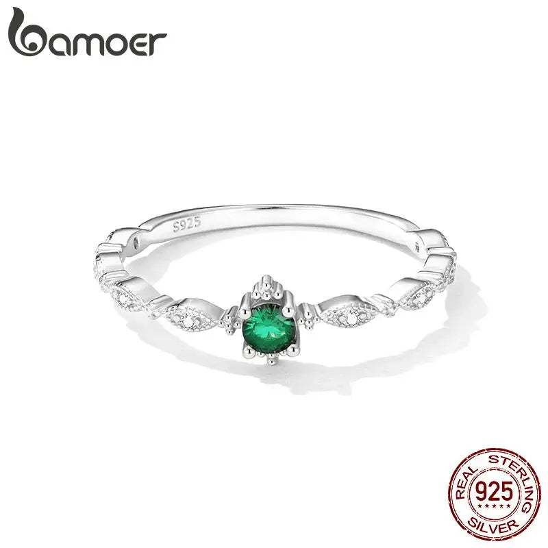 BAMOER 925 Sterling Silver Plating 14k Gold Women Ring Inlaid with Green Zirconium Fine Jewelry Trendy Tail Ring Wedding Gift