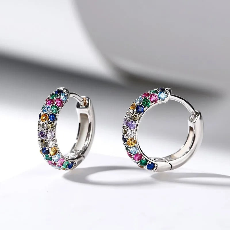 New Fashion Silver Plate Round Mini Earrings Set Half Hoop Colorful Zircon Ladies Luxury Jewelry Hoop Earrings for Woman Gifts