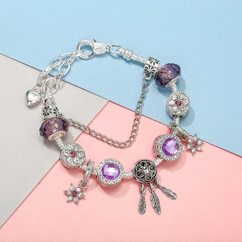 TOGORY Crystal Purple Star Charm Bracelet With Lobster Clasp Adjustable Size Chain Bracelets For Women Jewelry Gift Wholesale