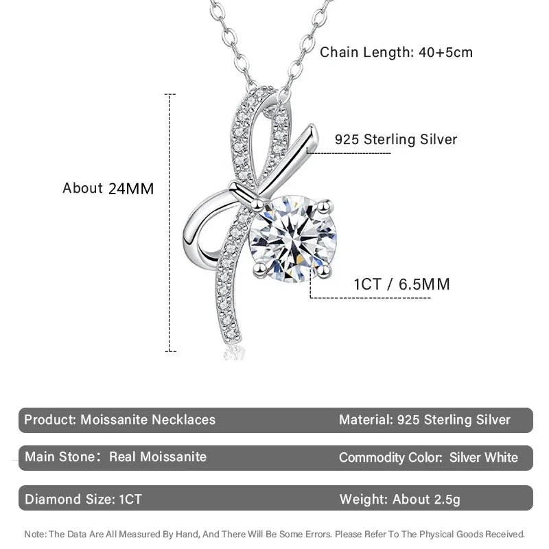 1ct Real Moissanite Diamond Bowknot Pendants Necklaces for Women Sweet Romantic S925 Sterling Silver Clavicle Chain Grils Gifts