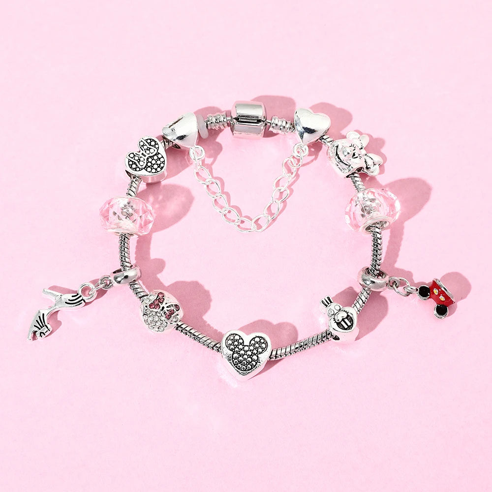 Disney Cute Pink Crystal Mickey Minnie Charm Bracelet Silver Color Heart Bead Bracelets for Women Girl Fashion Jewelry Gift