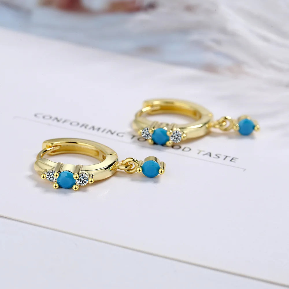 Vintage Natural Turquoise Hoop Earrings Solid Stamp 925 Sterling Silver Luxury Trendy Earring For Women Wedding Jewelry