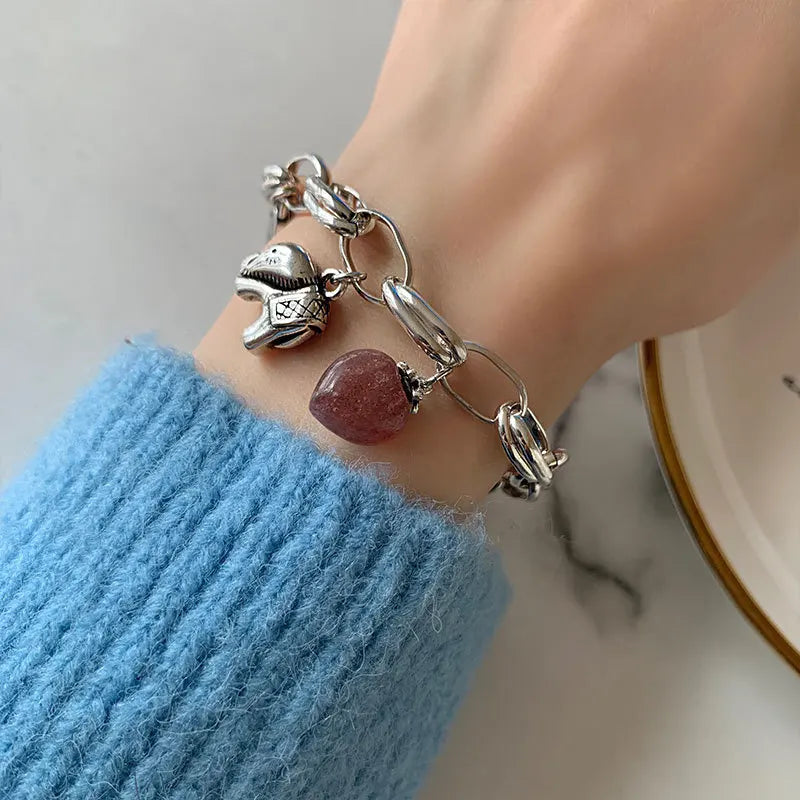 925 Sterling Silver Bracelet Strawberry Pink Vintage Elephant Punk Wish For Woman Girl Fashion Jewelry Gift Dropship Wholesale