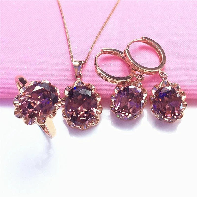 Plated 14K Rose Gold Inlaid Gemstone Earrings for Women Sunflower Luxury Exquisite High Jewelry Set