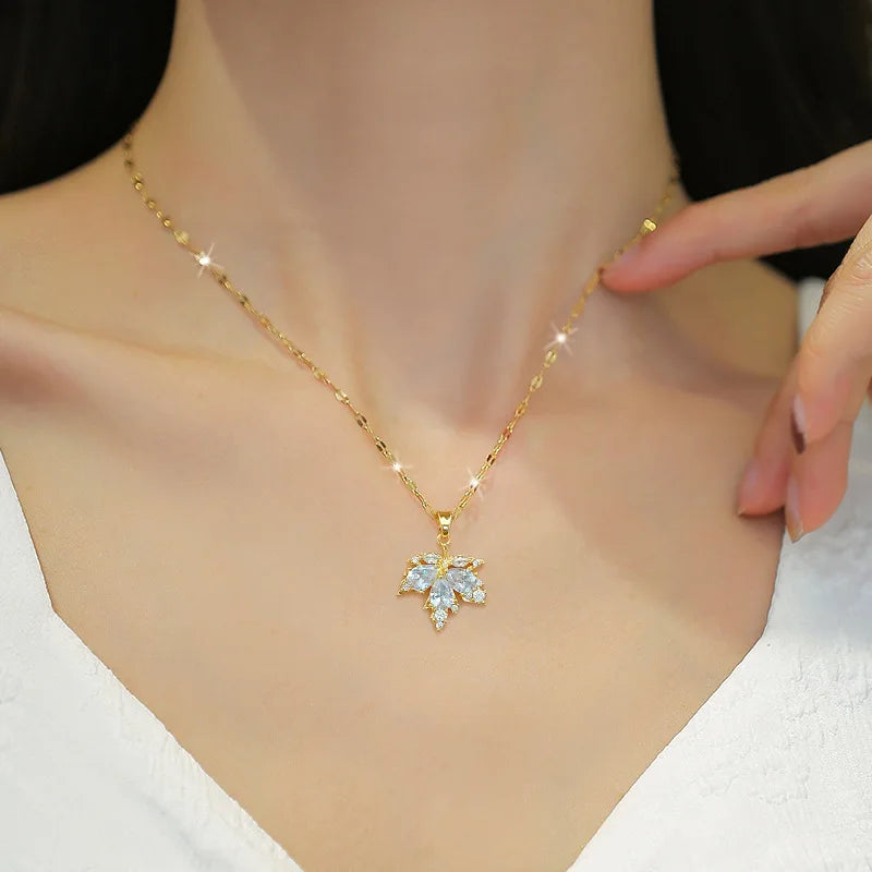 Fashion Micro-inlaid Necklace Earring Set Light Luxury Maple Leaf Personality Temperament Banquet Earrings Clavicle Chain