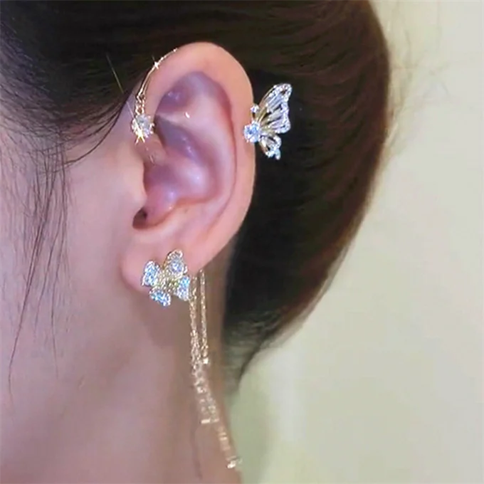 Glamour Butterfly Crystal Clip Earrings Korean French Flower Fringed Super Fairy Sweet Ear Clip Earrings Fashion Design Women's