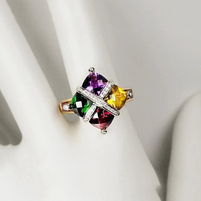 2022 NEW Fashion 18K Gold Colorful Amethyst Topaz Emerald Ruby Couples Ring For Women Full Diamond Engagement Party Gift Jewelry