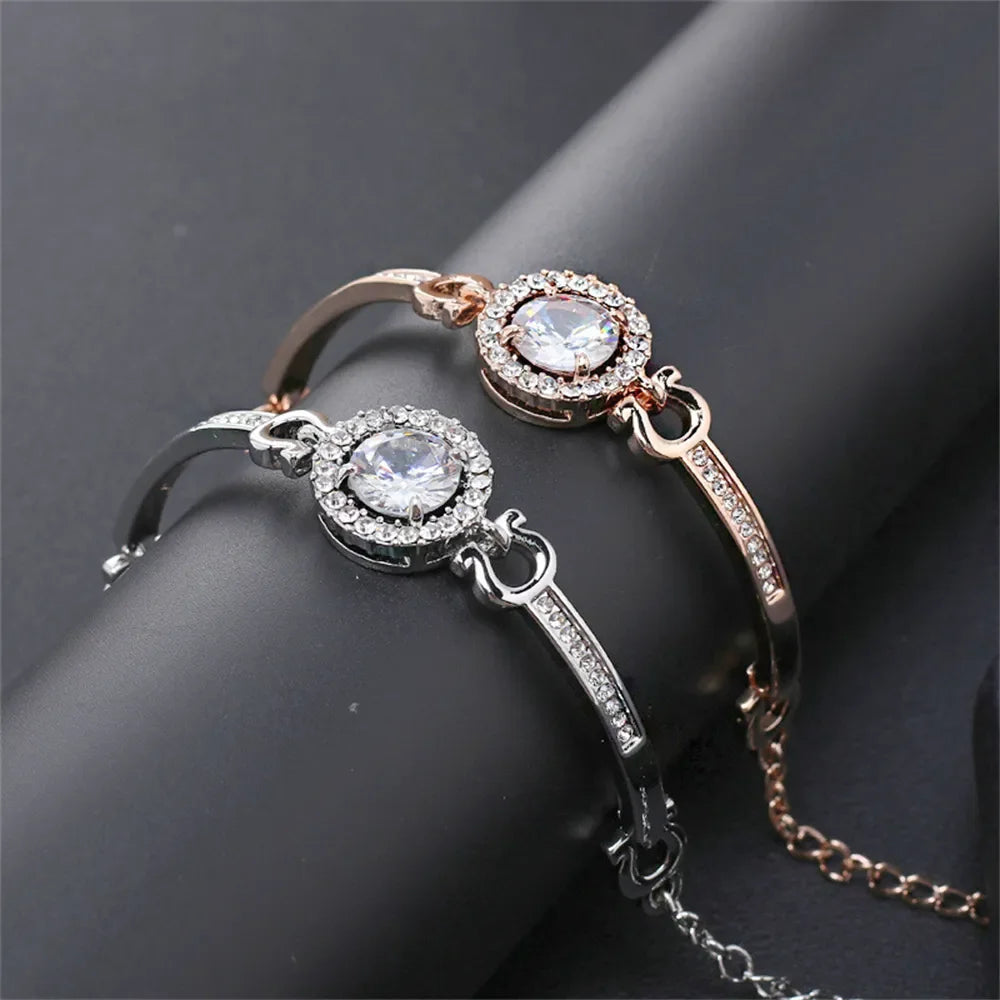 Luxury Clear Crystals Zircon Bracelet Summer Women Adjustable Round Gemstone Bangle Bracelet Party Jewelry Valentine's Day Gift