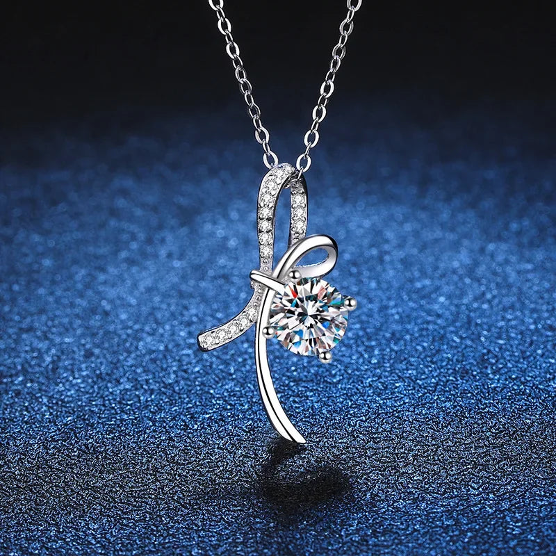 1ct Real Moissanite Diamond Bowknot Pendants Necklaces for Women Sweet Romantic S925 Sterling Silver Clavicle Chain Grils Gifts