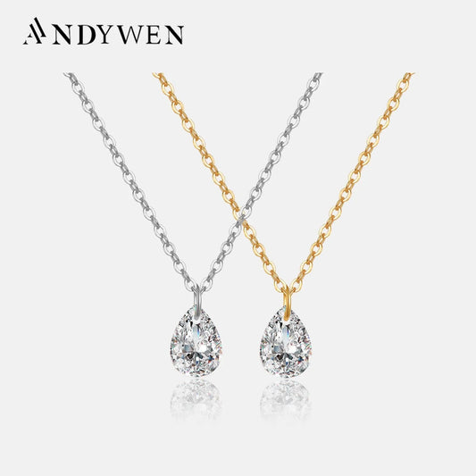 ANDYWEN New 925 Sterling Silver 5*7mm Pear Waterdrop Zircon CZ Charm Pendant Long Chain Necklace Fine Jewelry 2023 Jewels