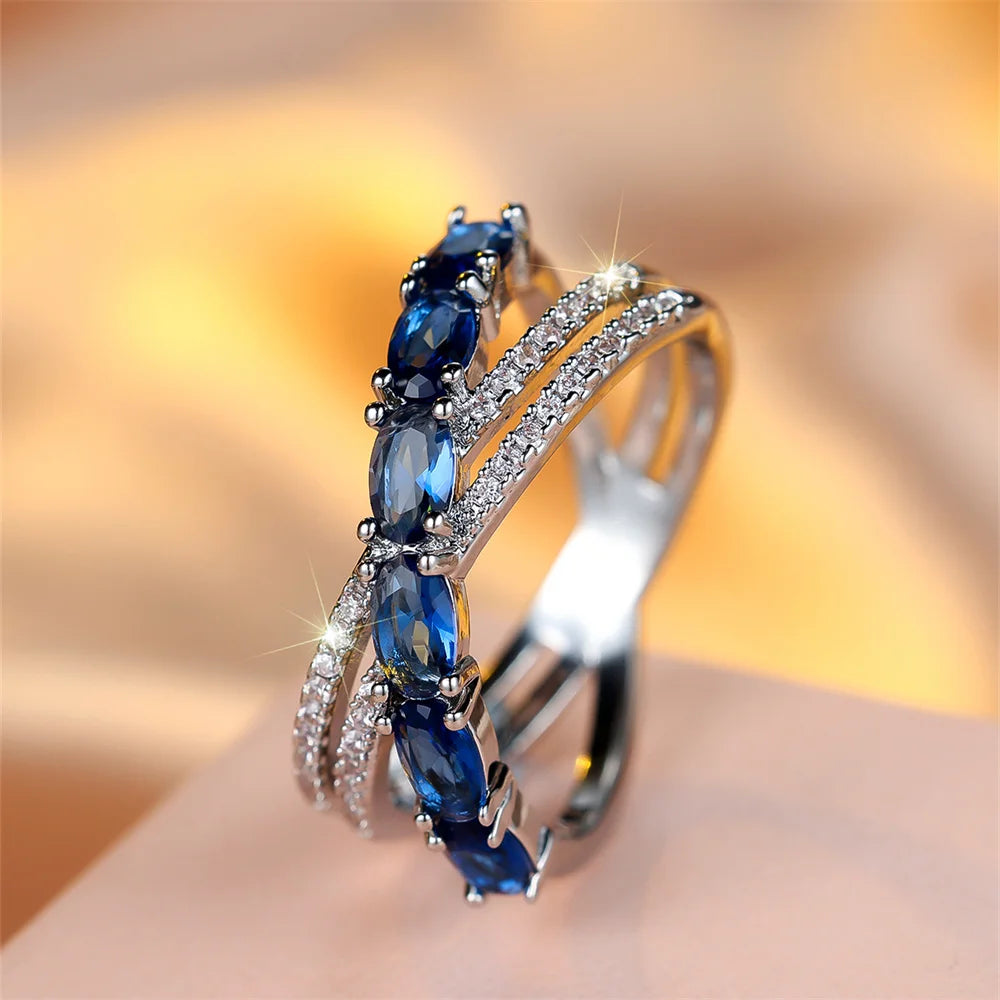 Blue Crystal Oval Stone Cross Rings For Women Trendy Silver Color Wedding Band Engagement Jewelry Simple Fashion Birthday Gifts