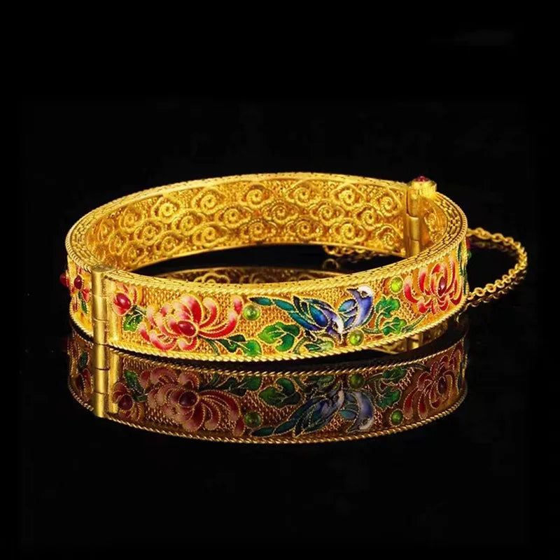 Ethnic Style Gold Color Enamel Paintings Bracelet Women Engagement Wedding Retro Bracelet Vietnamese Gold Color Bracelet Jewelry