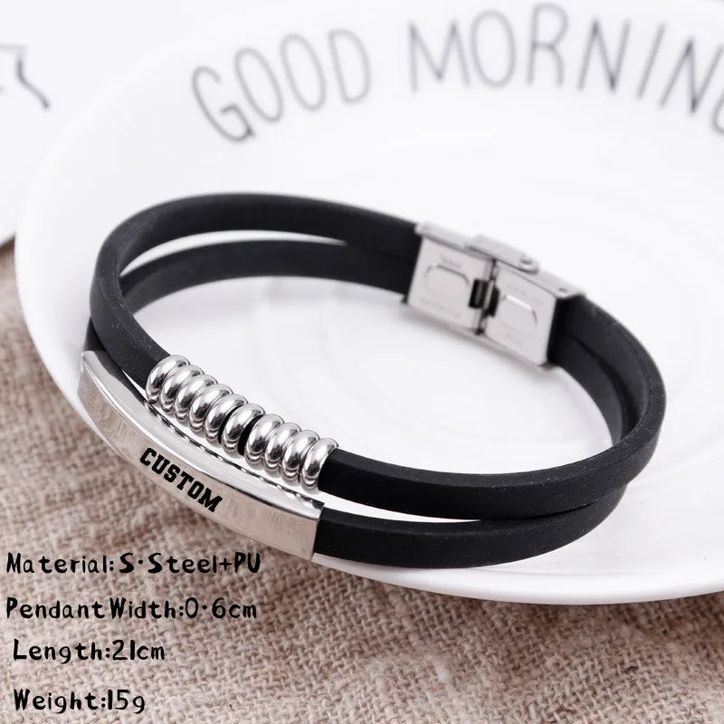 Custom Logo Name Engrave Leather Bangle Hand Made Bracelet Customized Stainless Steel Bracelets For Men ID Bracelet Jewelry Gift