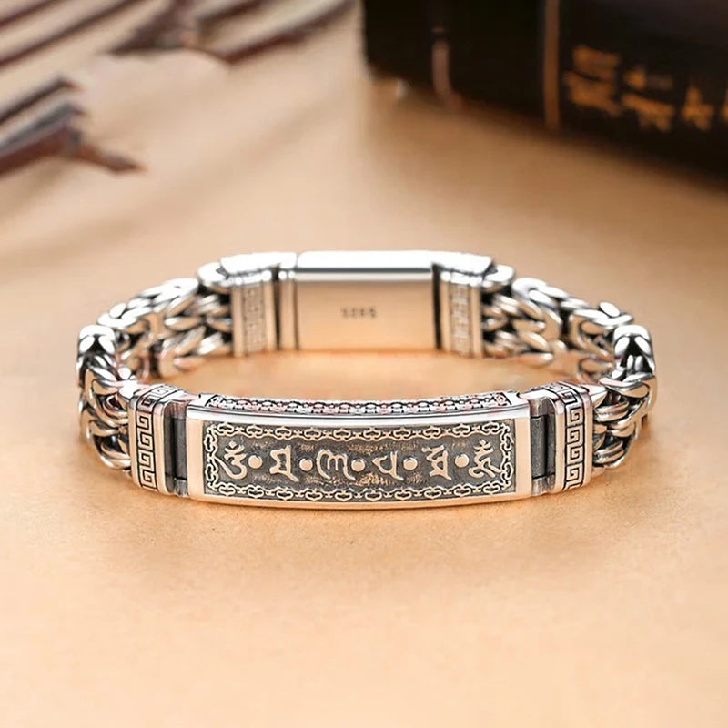 Style Retro 925 Silver Bracelet Woven Snap Double Rows Row Square Chain Six-Character Mantra Bracelet Men Party Jewelry Gift