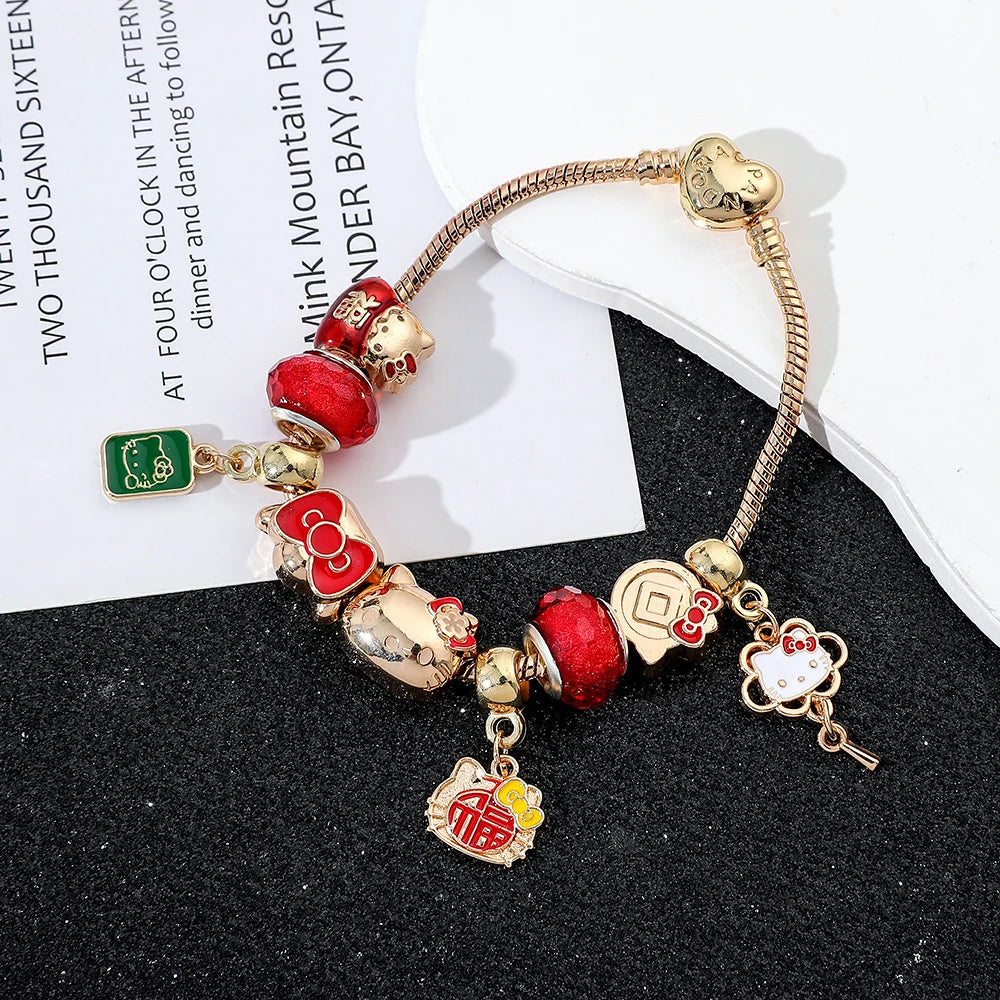 Sanrio Hello Kitty Cute Bow Etc Pendant Bracelet Anime Cartoon Characters KT Cat Kawaii Pendant Bracelet for Women Girl Gifts