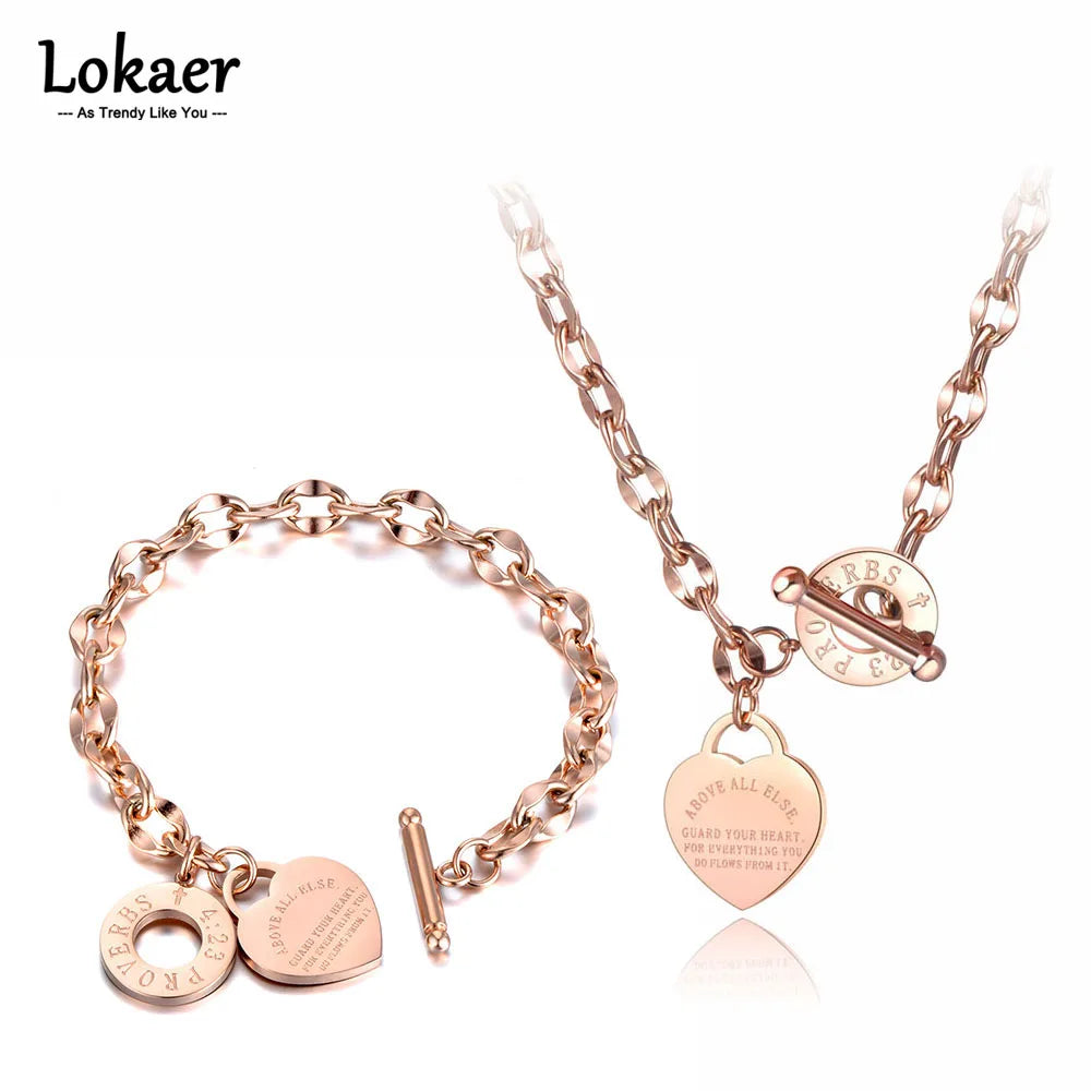 Lokaer Trendy Titanium Stainless Steel Heart Charm Bracelet Necklace Sets Classic Love Bible Proverbs 4:23 O-Chain Jewelry SE056