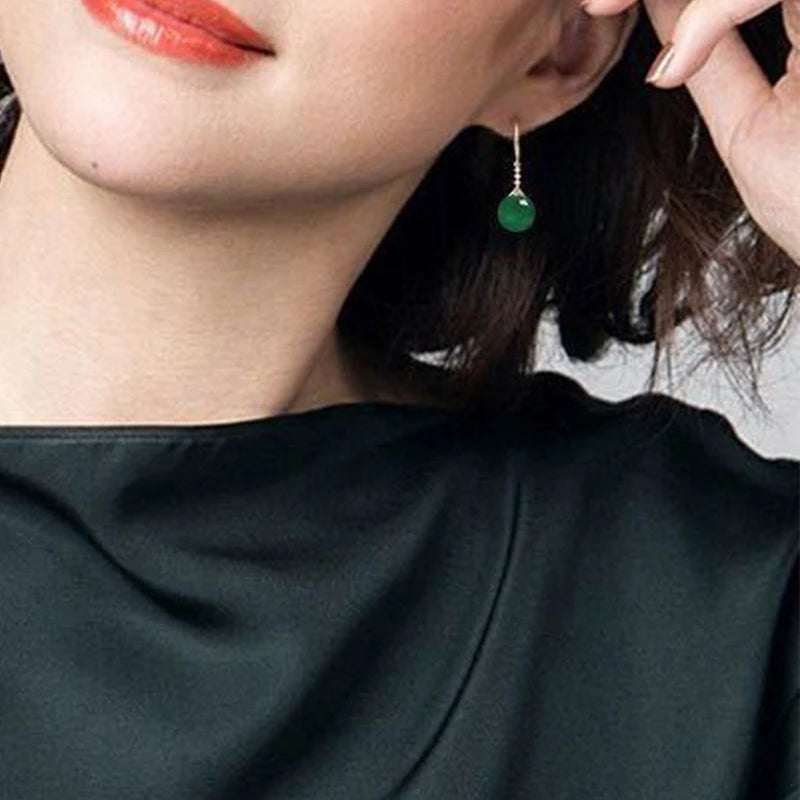 Temperament Silver-plated Earrings Female Chalcedony Green Agate Earrings New Emerald Long Earrings Anti-gem Earrings