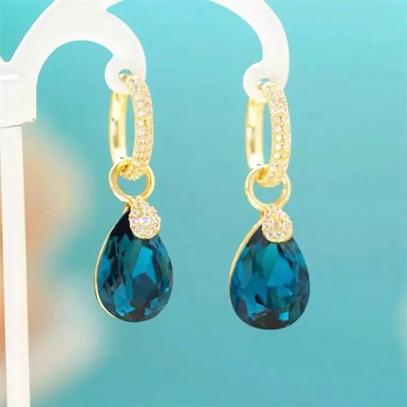 Exquisite Blue Drop-shaped Crystal Pendant Earrings For Women Fashion Personalized Daily Accessories Party Jewelry Birthday Gift