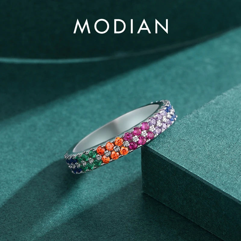 MODIAN Pure 925 Sterling Silver Bright Multi-color Cubic Zirconia Fashion Eternity Rings For Women Rainbow Color Fine Jewelry