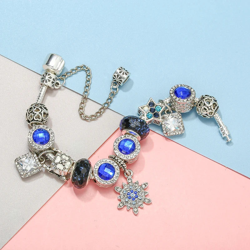 Online Hot Selling Charm Bracelets For Women With Blue Crystal Beads Star Hot-Air-Balloon Pendant DIY Bracelets Fashion Jewelry