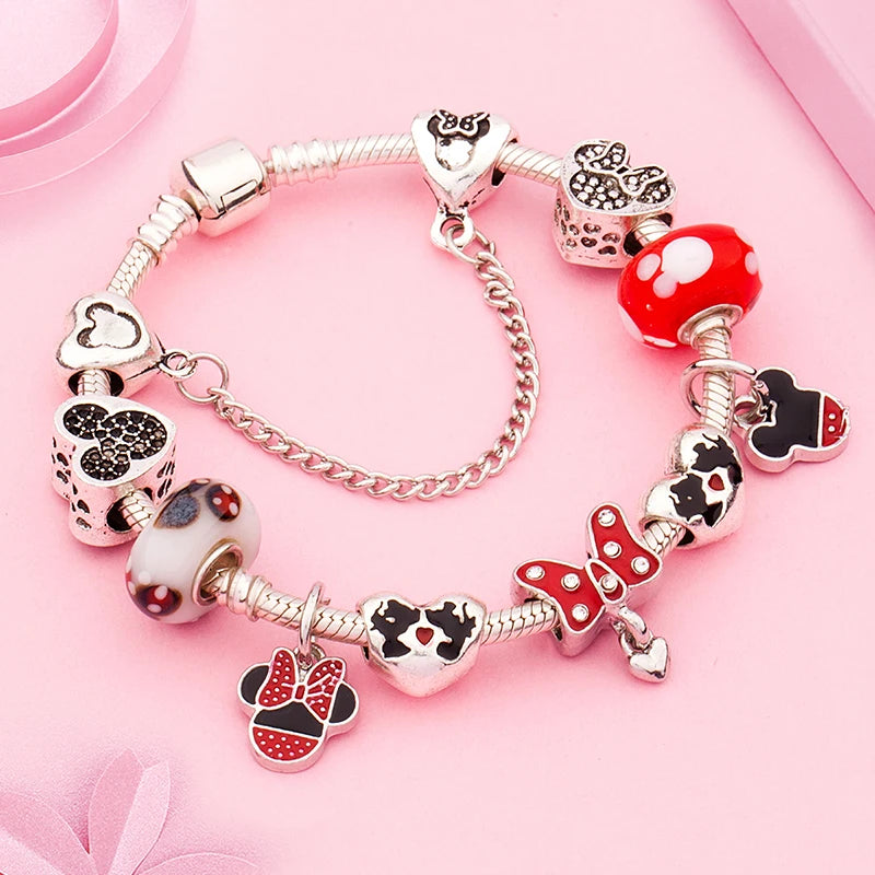 New In Cartoon Mickey Minnie Pendant Charm Bracelet Heart Bowknot Beaded Bracelets & Bangles