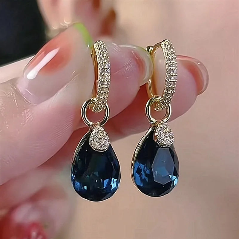 Exquisite Blue Drop-shaped Crystal Pendant Earrings For Women Fashion Personalized Daily Accessories Party Jewelry Birthday Gift