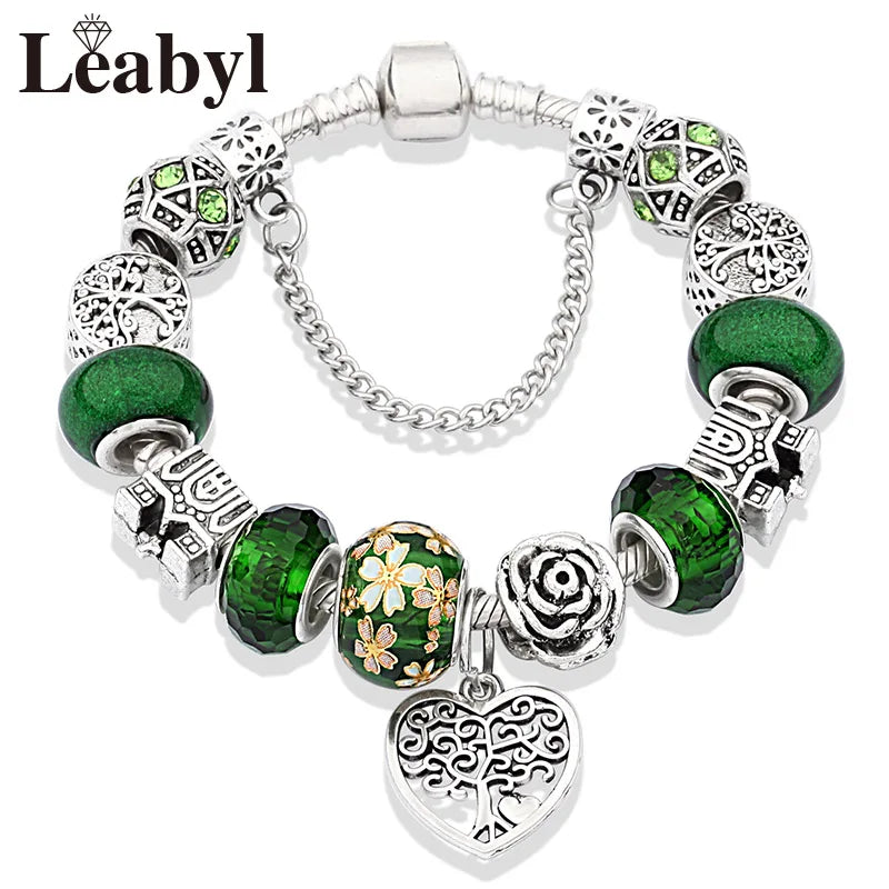 Dropshipping Silver Color Tree of Life Fashion Bead Bracelets Green Leaf Floral Crystal Charm Bracelet & Bangle Pulsera Jewelry