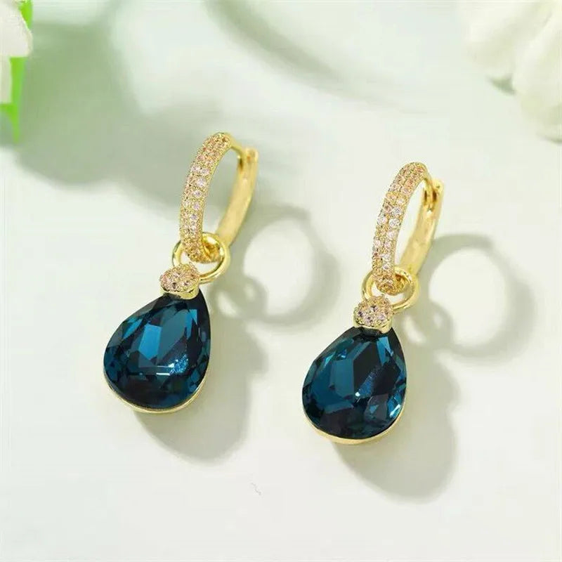 Exquisite Blue Drop-shaped Crystal Pendant Earrings For Women Fashion Personalized Daily Accessories Party Jewelry Birthday Gift