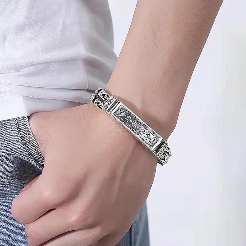 Style Retro 925 Silver Bracelet Woven Snap Double Rows Row Square Chain Six-Character Mantra Bracelet Men Party Jewelry Gift