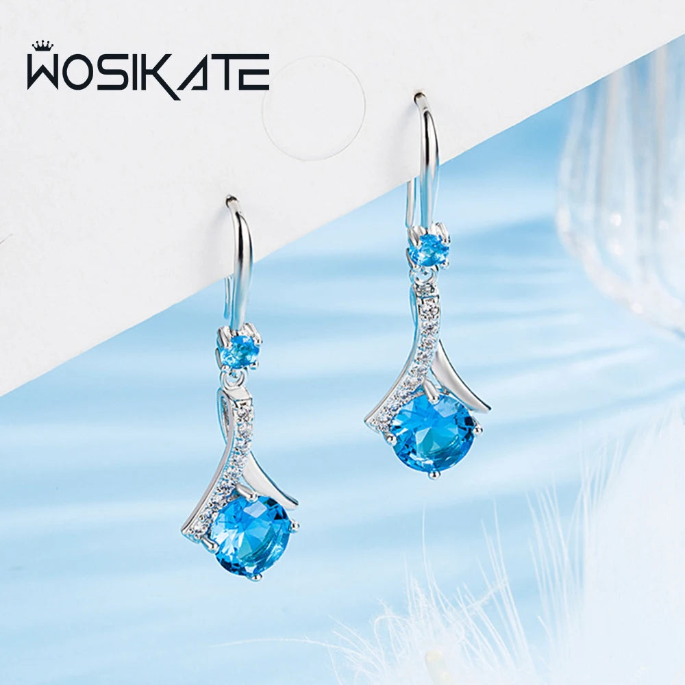 WOSIKATE Korean Blue Crystal Drop Earrings For Women 925 Sterling Silver Fashion Jewellery Elegant Long Ear Hooks Accessories