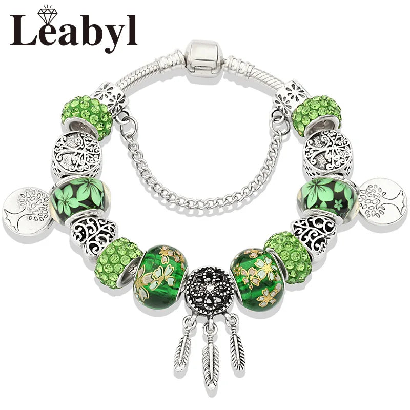 Dropshipping Silver Color Tree of Life Fashion Bead Bracelets Green Leaf Floral Crystal Charm Bracelet & Bangle Pulsera Jewelry