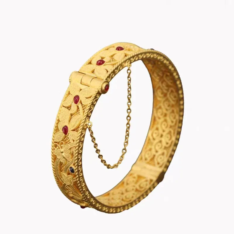 China-Chic Enamel Inlaid Red Blue Zircon Bracelet Female Gold color Retro Palace Style Buckle Bracelet Hollow Filigree Handwear