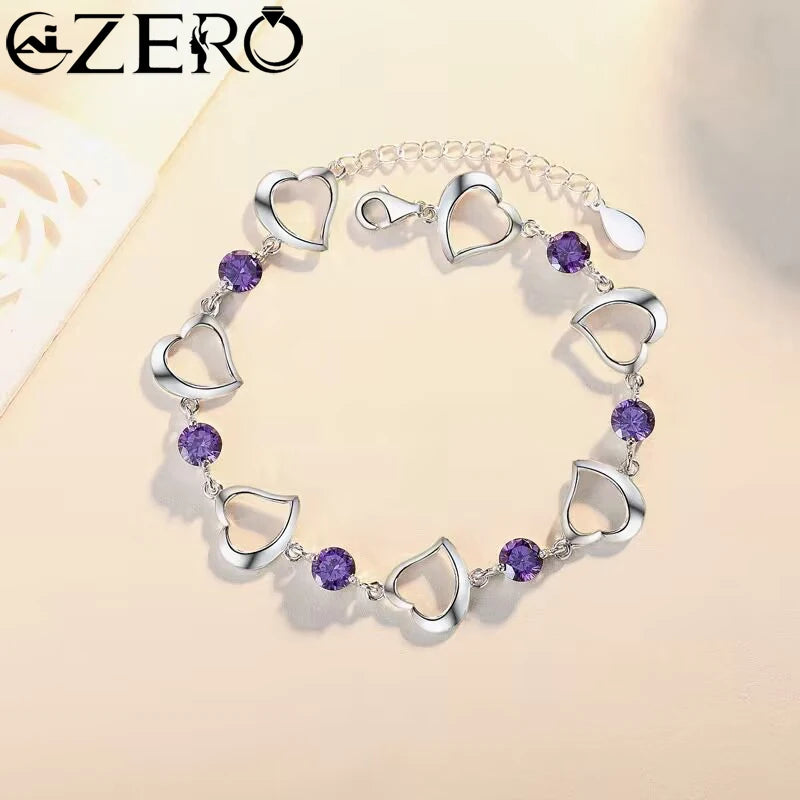 NEW Fine 925 Sterling Silver Purple Crystal Lucky Clover Bracelets for Women Fashion Party Wedding Accessories Jewelry 17CM+4CM