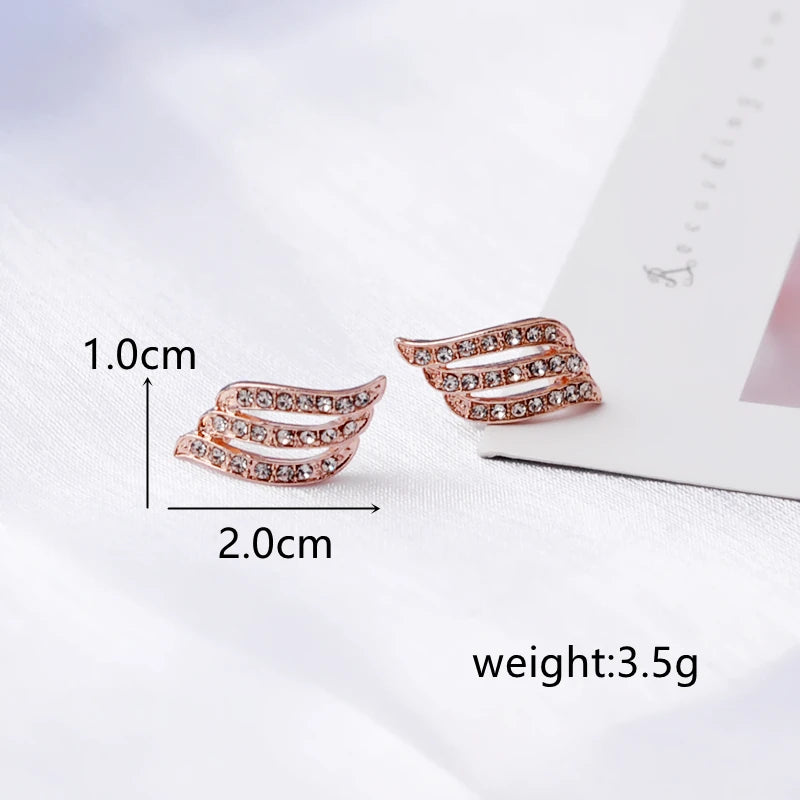 Full Crystal Three Rows S-shaped Stud Earrings for Women Personality Unique Angel Wing Leaf Feather Ear Wedding Jewelry