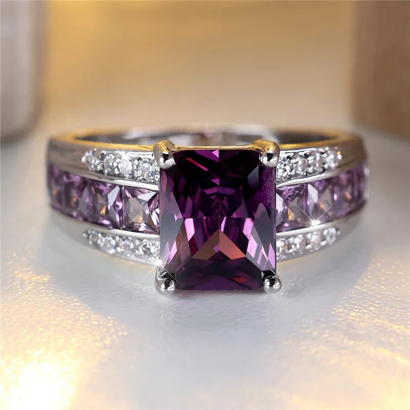 Charm Female Square Purple Zircon Stone Engagement Ring Silver Color Wedding Jewelry For Women