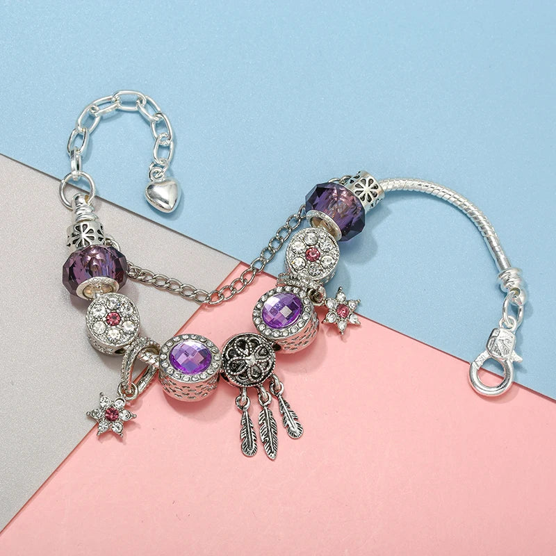 TOGORY Crystal Purple Star Charm Bracelet With Lobster Clasp Adjustable Size Chain Bracelets For Women Jewelry Gift Wholesale