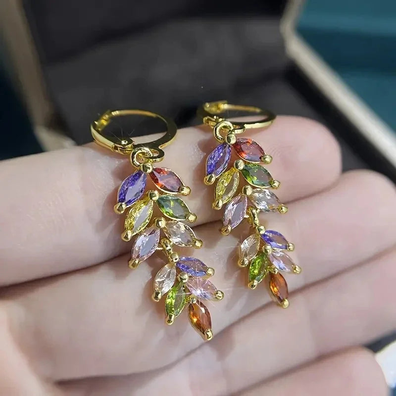 Long Leaf Pendant Earrings For Women's Elegant Earrings, Colored Zircon Earrings, Exquisite Jewelry Gifts