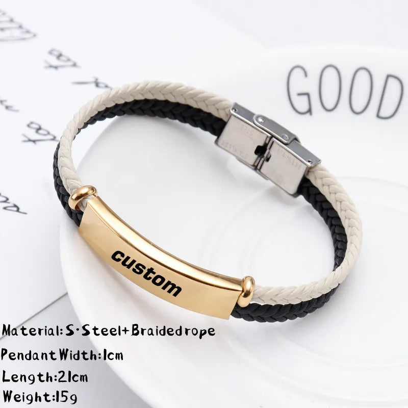 Custom Logo Name Engrave Leather Bangle Hand Made Bracelet Customized Stainless Steel Bracelets For Men ID Bracelet Jewelry Gift