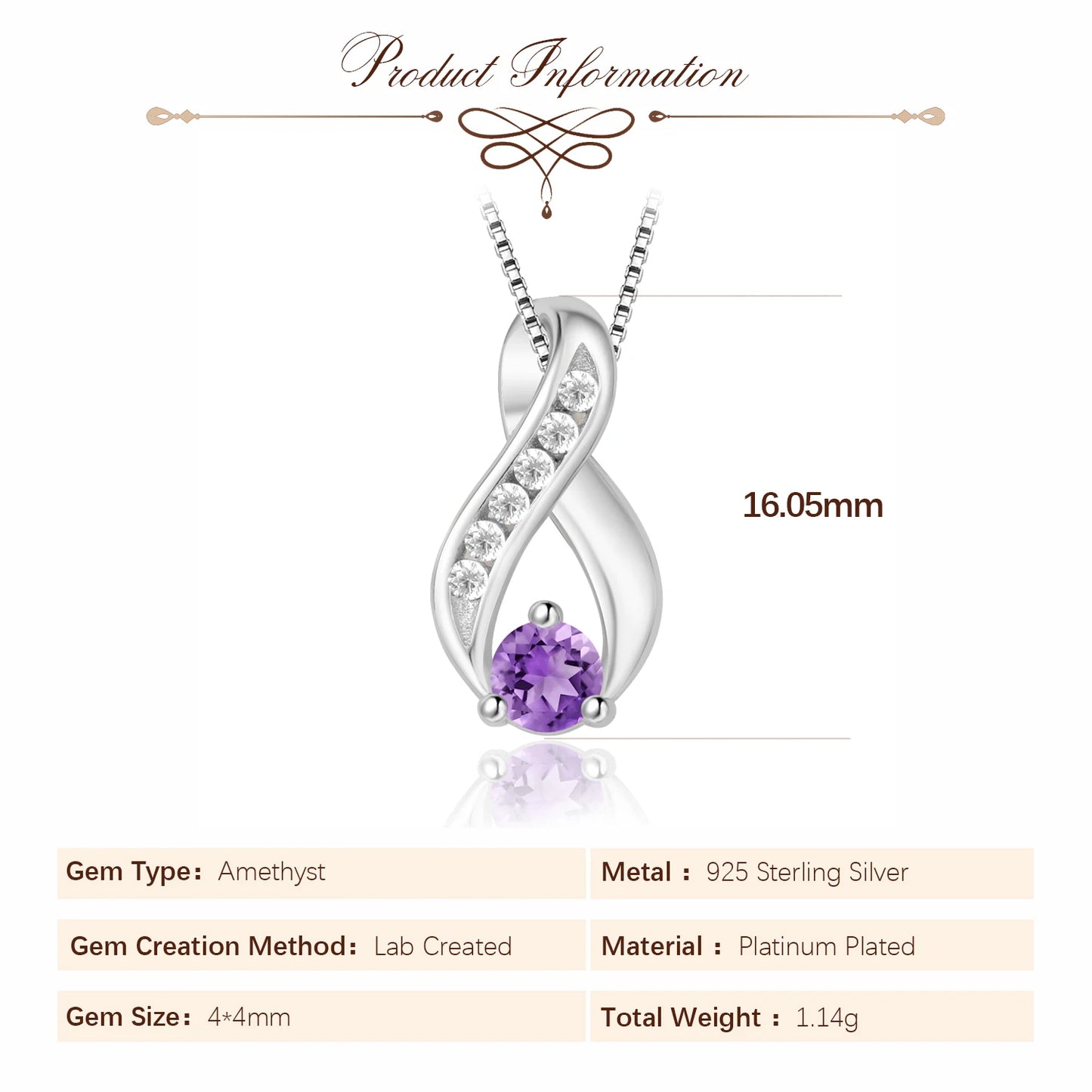 Potiy Natural Round Shape Amethyst Infinity Pendant Necklace No Chain 925 Sterling Silver for Women Daily Wedding Party Jewelry