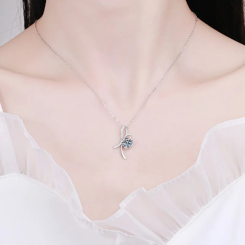 1ct Real Moissanite Diamond Bowknot Pendants Necklaces for Women Sweet Romantic S925 Sterling Silver Clavicle Chain Grils Gifts