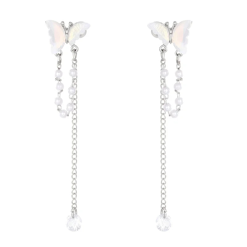 Y2K Fairy Zircon Shell Butterfly Tassel Ear Clips Angel Ear Bone Clip Earring Elf Female Pearl Dangle Earrings Fashion Jewelry